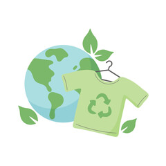 Planet Earth with t-shirt on a hanger and leaves. Slow fashion concept. Vector illustration