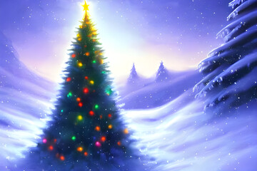a magical christmas tree with decoration stuck in the ground with gift's halfway up a snowy mountain - digital art
