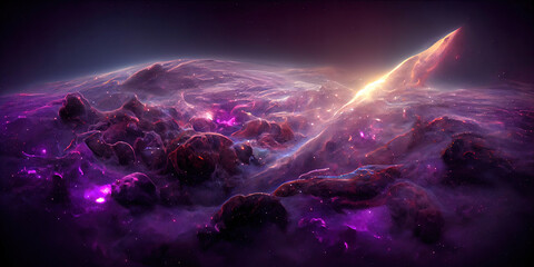 Purple space nebula. Abstract astronomy illustration. 3D render of sky. Fantasy galaxy illustration. Cosmic art. Deep space with glowing stars. Sci-fi texture. Starry solar milky way. Constellation