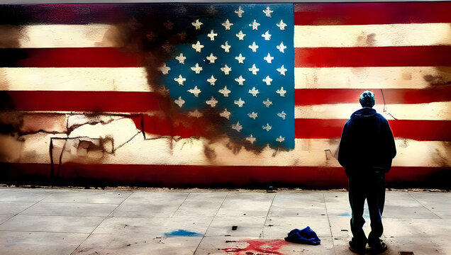 homeless person standing in front of a giant american flag painted on an aged cement wall