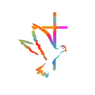 Dove on peace and cross isolated religion symbol. Colored religious cross with flying birds. Vector illustration
