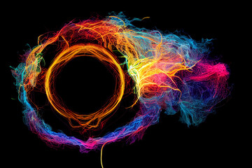 Naklejka premium Neon circle with bursts of fire and lightning on a black background.