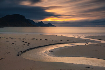 Beautiful and atmospheric beaches in the Lofoten archipelago in Northern Norway. Photo taken in the fall.
