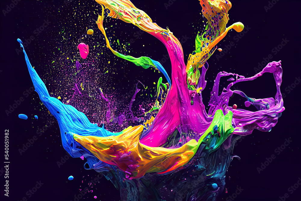 Wall mural splash of colorful paint. 3d render of fluid painting texture. ideal background for web banner or wa