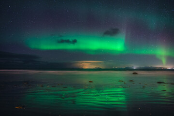 Fototapeta na wymiar The northern lights captured in the Lofoten Islands in northern Norway.