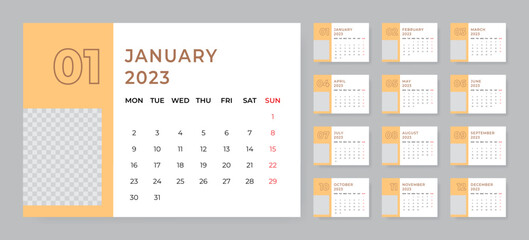 Monthly desk calendar template for 2023 year. Week starts on Monday