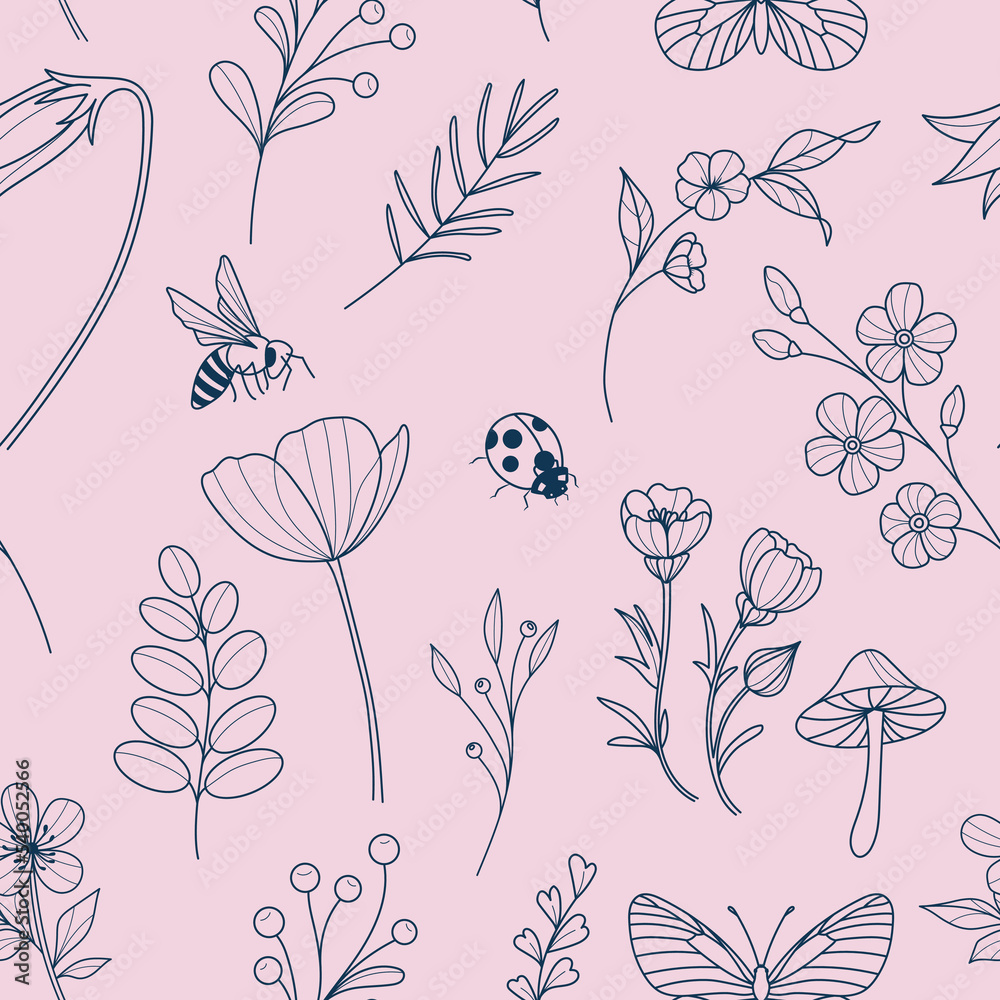 Poster nature pattern with line art illustration, pink and blue vector repeat