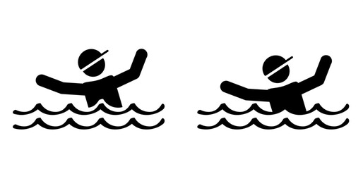 Cartoon man or woman to to sink in to the water. Stickman and two hands of drowning man in sea asking for help. hands stretched logo or icon. Helplessness, begs for rescue. No smimming.