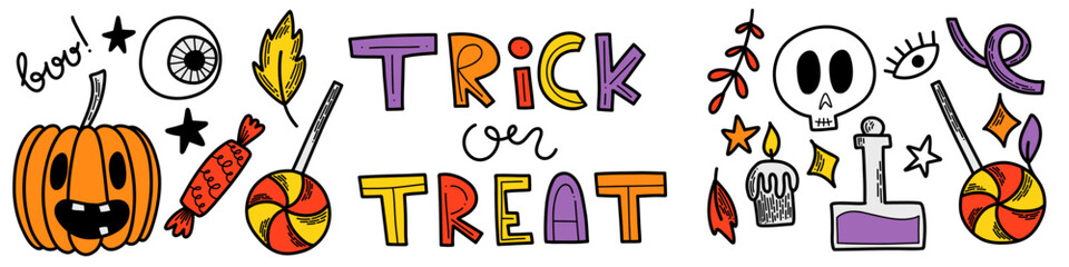 Halloween vector set of elements. Line art flat design. Pack of outline symbol. Design icons for promotion banners and cards. Pumpkin, jack o lantern, candy, poison, candle, spell, bone, magic.