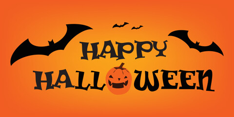 Happy Halloween lettering with bats and pumpkin. Festive title for greeting card, invitation, party, poster, banner,