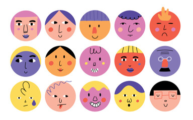 Abstract round faces. Funny cartoon characters with different emotions, doodle style happy trendy avatars, smile people portrait, contemporary geometric illustration, hand drawn vector isolated set