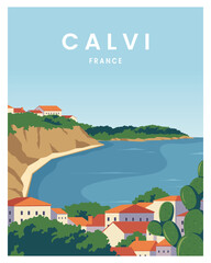 summer on calvi France. 
Poster Travel concept background. vector illustration with flat style. - obrazy, fototapety, plakaty