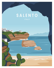 travel poster Summer in salento coast. travel to italy. vector illustration with flat style. - obrazy, fototapety, plakaty