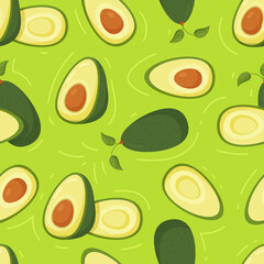 A beautiful and vibrant avocado pattern. Vector illustration of a seamless pattern of green avocados with and without pips. Whole avocados and halves. 