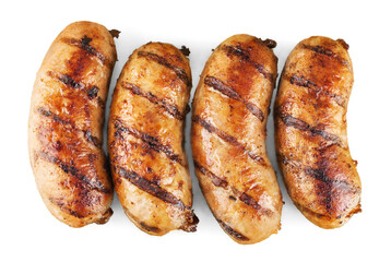 Tasty roasted sausages isolated on white background
