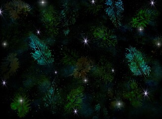 Fototapeta na wymiar night universe with green blue neon leaves