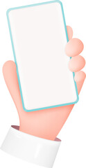 3D Hand Holding Smartphone Isolated on White Background. Cartoon Device Mockup. Man Holding Telephone with Blank Screen. Realistic Illustration