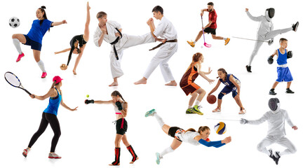 Fototapeta na wymiar Sport collage of professional athletes or players on white background, flyer. Concept of motion, action, power, target and achievements, healthy, active