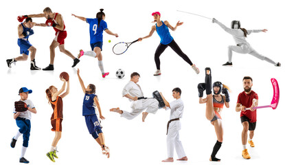 Sport collage of professional athletes or players on white background, flyer. Concept of motion,...