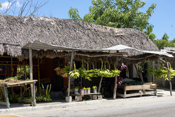 Fruit shops and fruit selling on the roads of the Dominican Republic. Colorful fruit like ripe...