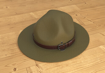 Scout hat, ranger hat, green campaign hat on wooden background, 3d render