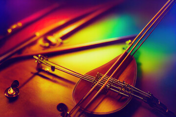 Mesmerizing Violin Close-up: Rainbow-hued Lights Illuminate Strings & Bow. Perfect for Music Enthusiasts, Concert Promos & Artistic Projects. Lush & Dreamy., generative ai 