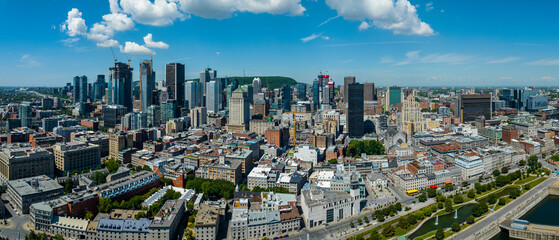 Aerial panoramic view of Montreal’s downtown on a bright summer day.