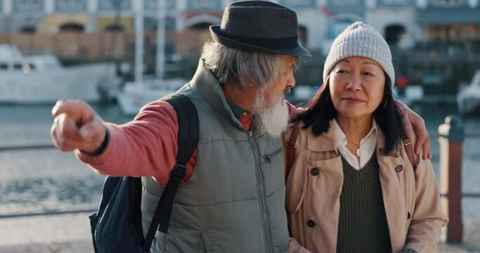 Senior couple, travel and map directions on vacation, holiday or trip in Italy. Retirement, elderly and Asian man and woman, tourists spending quality time together and outdoors in city or street.