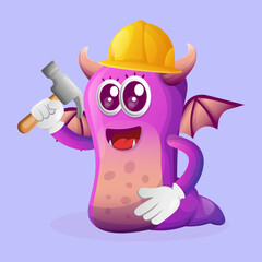 Cute purple monster builder holding hammer