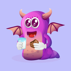 Cute purple monster drink milk and eat cookie