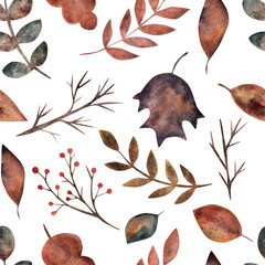 Autumn leaves on a white background. Watercolor illustration, seamless pattern