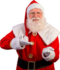 Santa Claus on transparent background. Presenting or pointing product or logo. PNG