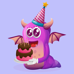 Cute purple monster wearing a birthday hat, holding birthday cake