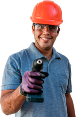 Confident young Latin male carpenter in hardhat holding drill and looking at camera with smile...