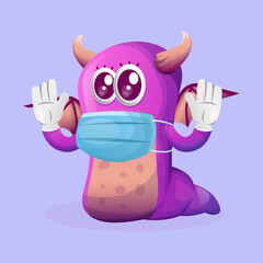 Cute purple monster wearing medical mask, protect from covid-19