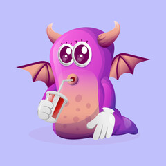 Cute purple monster drinking soda, cola