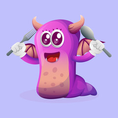 Cute purple monster holding spoon and fork