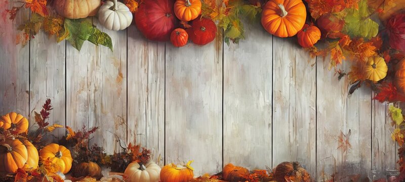 A Painting Of Pumpkins And Gourds On A Wooden Background, Bewildering Thanksgiving Scene Abstract Background.