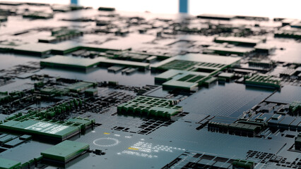 Abstract close up of Circuit board with many chips 3d illustration