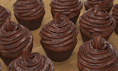 A set of cupcakes with chocolate cream on a wooden countertop, 3d render