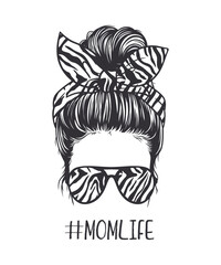 Black and white vector illustration of woman messy bun hairstyle, wearing tiger-patterned glasses and ribbon