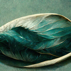 Soft and light feathers muting to calm and meditative waves. Background in teal. 