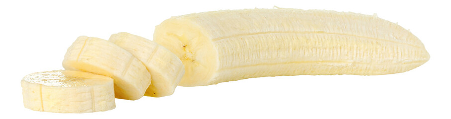 One peeled sliced banana fruit cut out