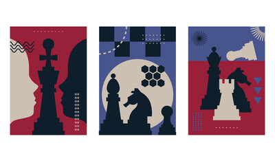 Banner template with different chess pieces. Strategy concept art. Set of Banner Templates of Different Sizes. Chess Club, Chess Tournament, International Chess Day, Online Streaming