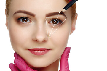 Geometric lines for eyebrows shape correction over beauty portrait