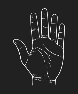 Vector illustration of counting hand isolated on black background. Open palm showing number five in sketch style.