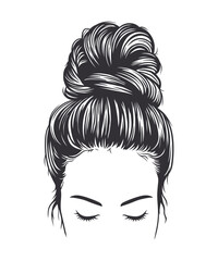 Black and white vector illustration of woman messy bun hairstyle, isolated on white background - obrazy, fototapety, plakaty