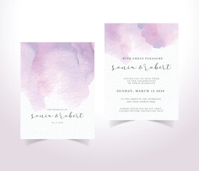 Watercolor invitation card template with purple brush strokes 