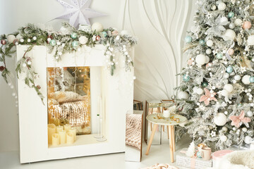 Christmas decor vintage. Christmas tree and gifts. Cozy winter morning