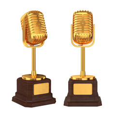 Set of golden trophies microphone on a white background, 3D render